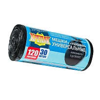 Мешки для мусора 120 л, с ушками, черные, в рулоне 30 шт., ПНД, 15 мкм, 1100х700 мм, Крепак, 4607075710375 в Орске