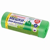 Мешки для мусора 35 л, биоразлагаемые с завязками, зеленые, в рулоне 20 шт., ПНД, 11 мкм, 600х500 мм, Любаша, 608098